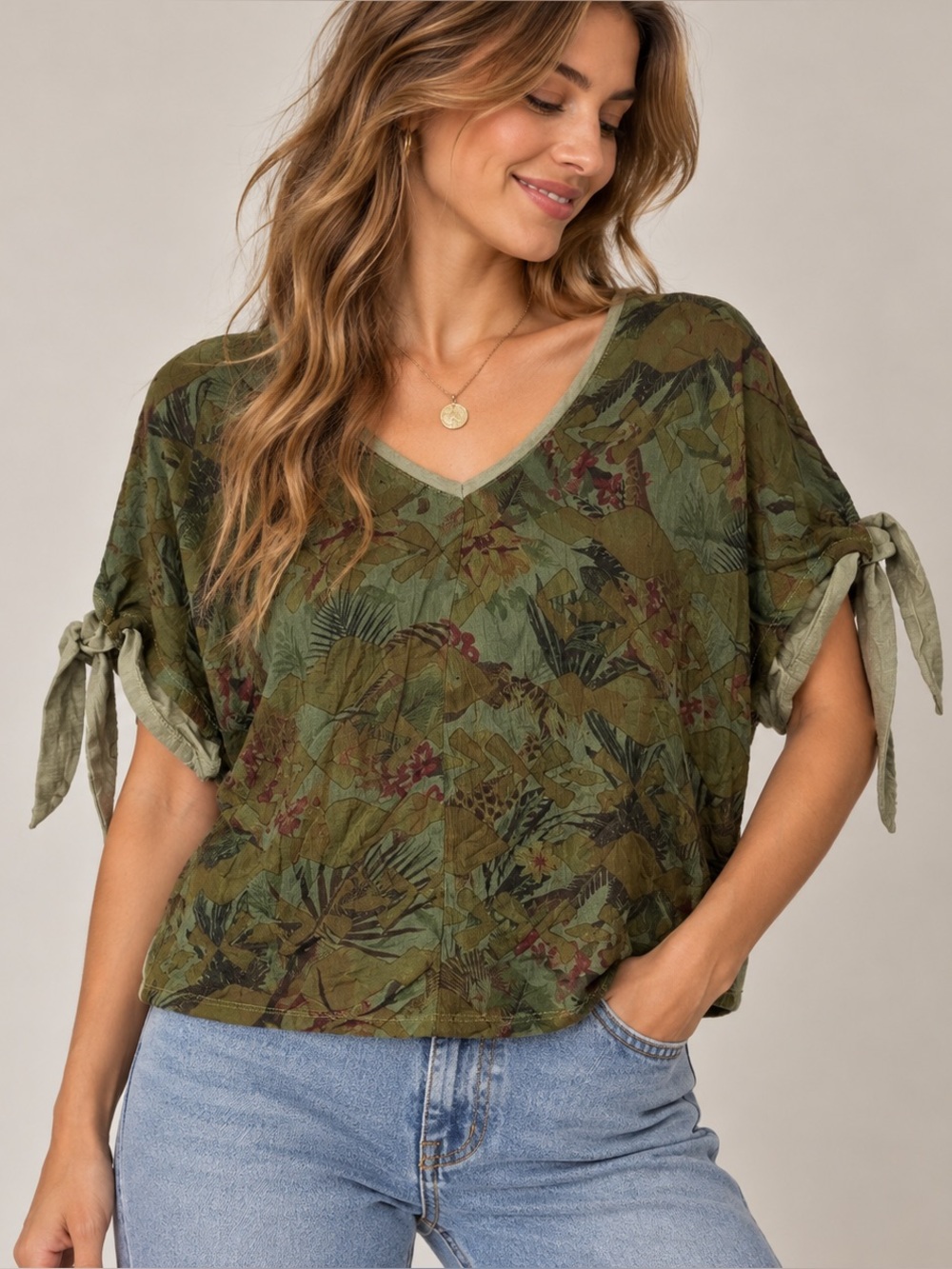Desigual Top Womens XL Dolman Tie Sleeve Leaf Tropical Boxy Green Earthy